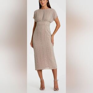 Mac Duggal 93649 Beaded Cap Sleeve Empire Waist Sheath Midi Dress NWT Sz 4 Mocha